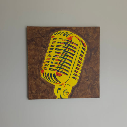 12 x 12 original acrylic painting on cradled wood board depicting a microphone in primary colours.
