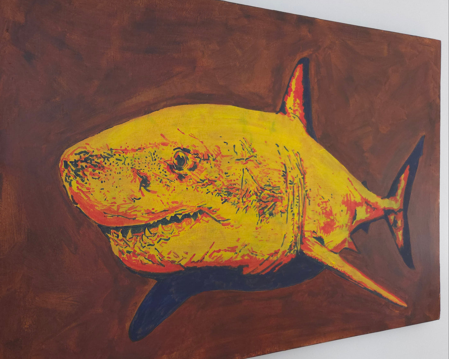 A pop-art, expressionist view of a great white shark on a recycled canvas.