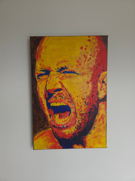 A hand-painted expressionist portrait titled "Printer Jam" on a vertical canvas. The painting features a bald man with a beard, his eyes tightly shut and mouth wide open in a visceral scream. The color palette is dominated by bright yellow skin tones with intense red and orange highlights and deep blue shadows used for the eyes, mouth, and beard details. The background is a flat, earthy brown.