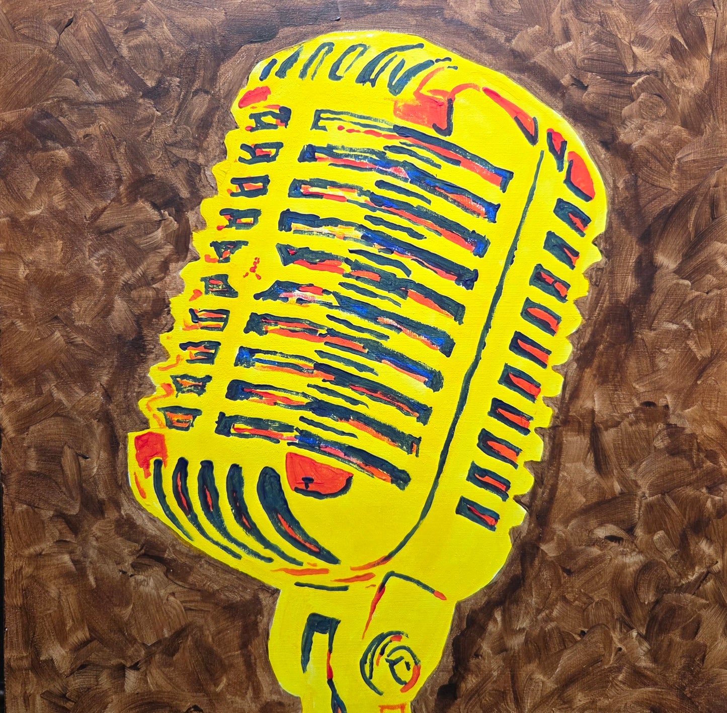 12 x 12 original acrylic painting on cradled wood board depicting a microphone in primary colours. 