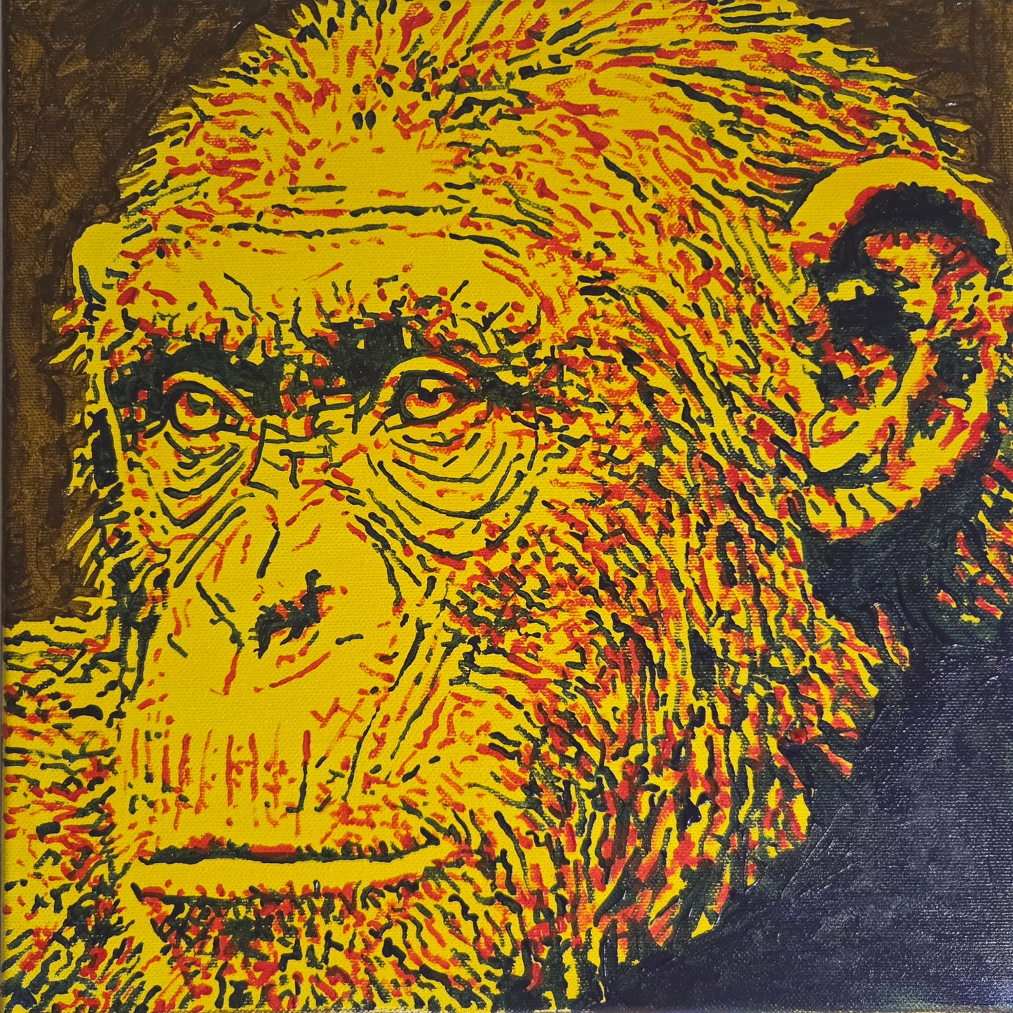Original acrylic painting of a chimpanzee in red, yellow and blue.