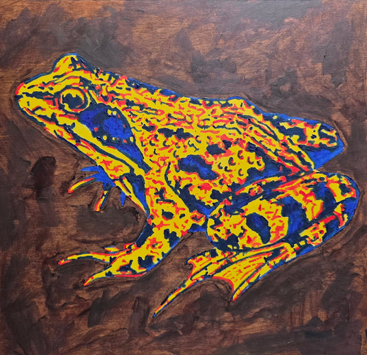 original acrylic painting on wooden cradle board in red, yellow and blue depicting a frog.