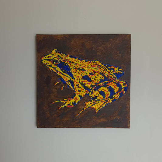 original acrylic painting on wooden cradle board in red, yellow and blue depicting a frog.