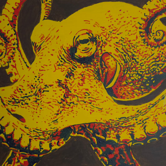 Red, yellow and blue octopus acrylic painting.