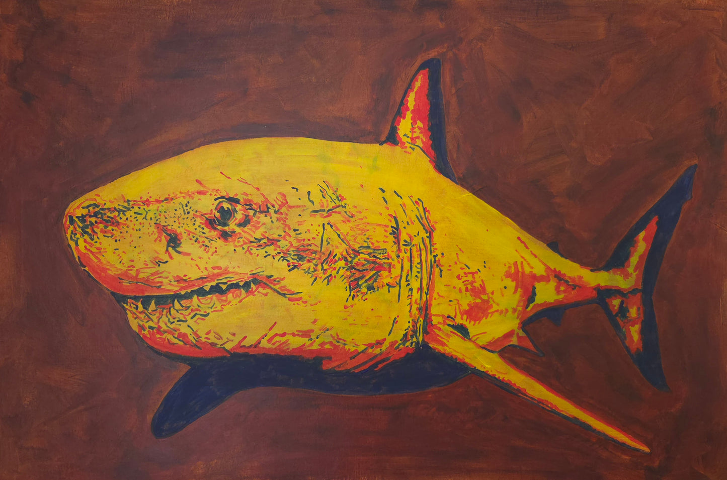 Original painting of a great white shark in red, yellow and blue by artist Joss Froggatt