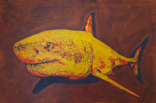 Original painting of a great white shark in red, yellow and blue by artist Joss Froggatt
