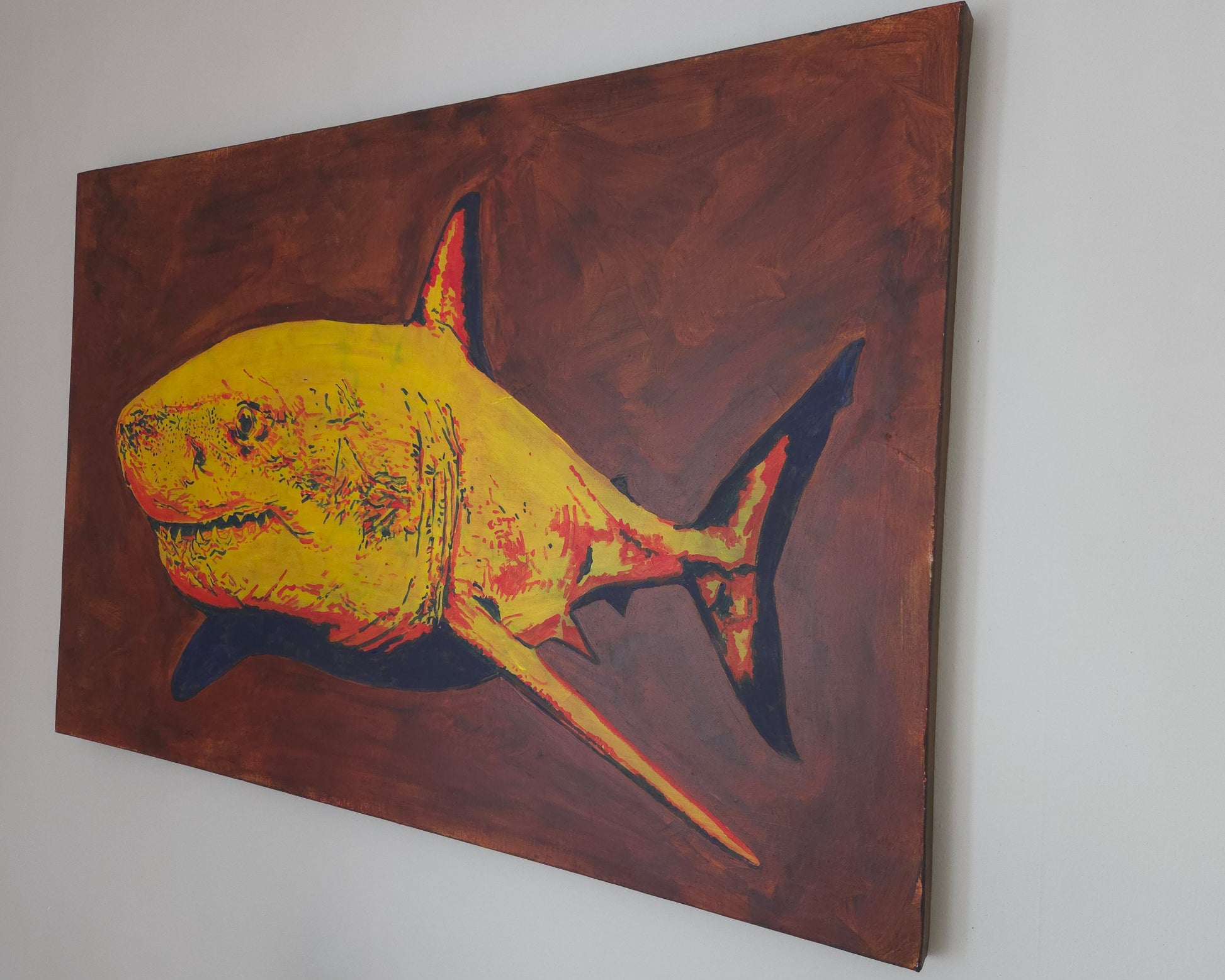 Original painting of a great white shark in red, yellow and blue by artist Joss Froggatt