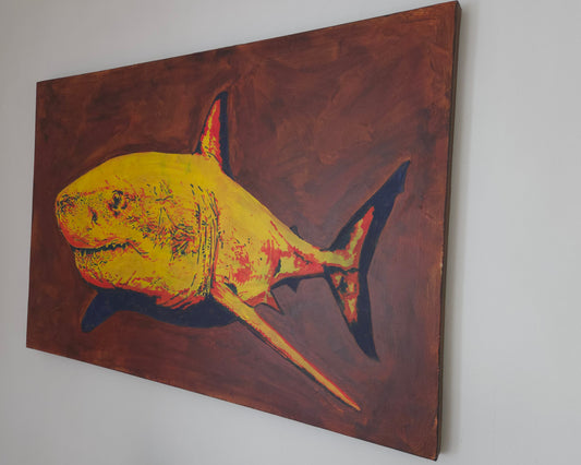 Original painting of a great white shark in red, yellow and blue by artist Joss Froggatt