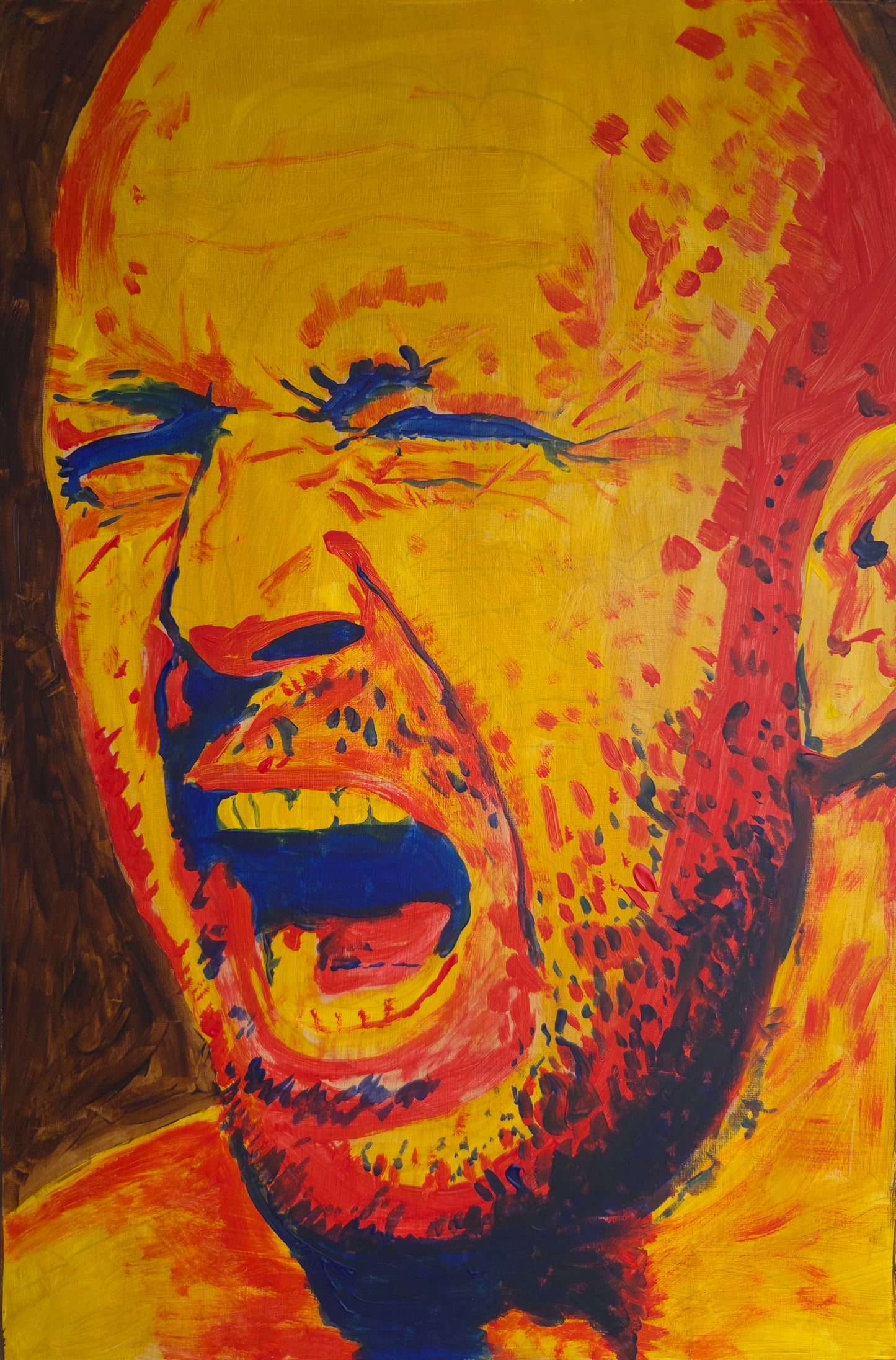 A hand-painted expressionist portrait titled "Printer Jam" on a vertical canvas. The painting features a bald man with a beard, his eyes tightly shut and mouth wide open in a visceral scream. The color palette is dominated by bright yellow skin tones with intense red and orange highlights and deep blue shadows used for the eyes, mouth, and beard details. The background is a flat, earthy brown.